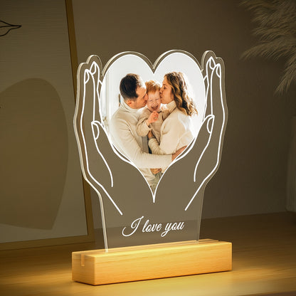 Custom Photo Frame with Hand and Heart Design, Personalized Tabletop Acrylic Frame, Vertical Oblong Orientation, Ideal for Wedding, Bridal Party, Anniversary, Birthday - Couples, Friends, Mom Keepsake - Fits Various Photo Siz