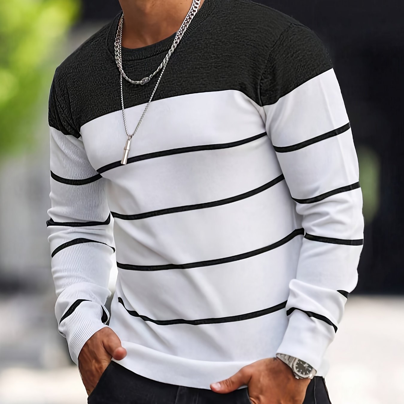 Men's Casual Striped Knit Pullover Sweater - Navy & White Contrast, Regular Fit H-Silhouette, Long Sleeve Crew Neck, Medium Stretch, Machine Washable for Spring & Fall, Mediumstretch Fabric