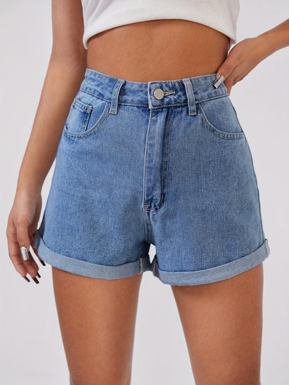 Women'S Light Blue Denim Shorts - Casual Mid-Rise Button Closure, Straight Fit, Non-Stretch Fabric, Perfect for Spring/Summer, Casual Summer Wear|Straight Fit Shorts|Button Closure Shorts