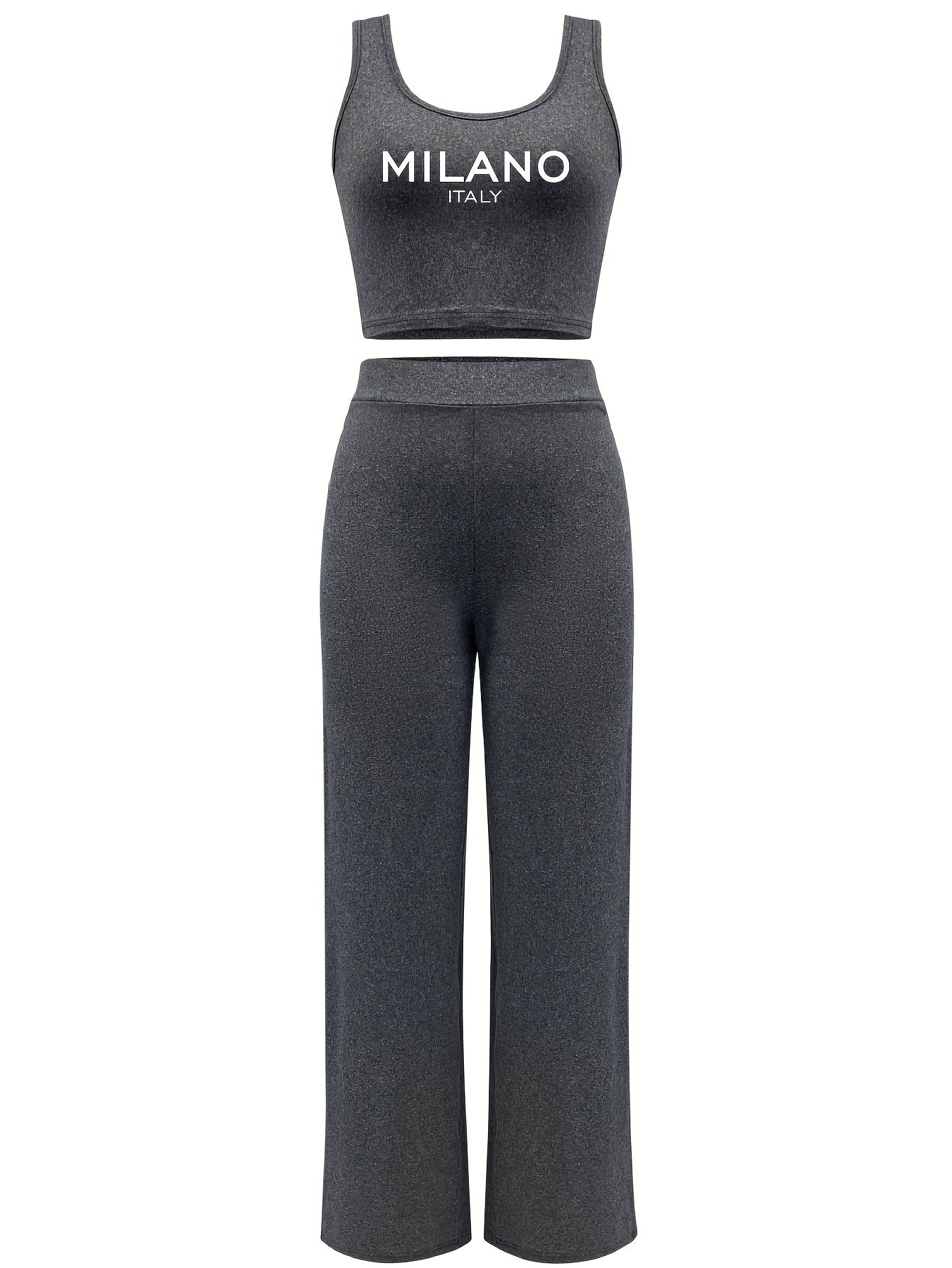 Chic Letter Print Casual Outfit for Women - Sleeveless Crop Top & Drawstring Pants Set, Stretchy Polyester Blend, Machine Washable
