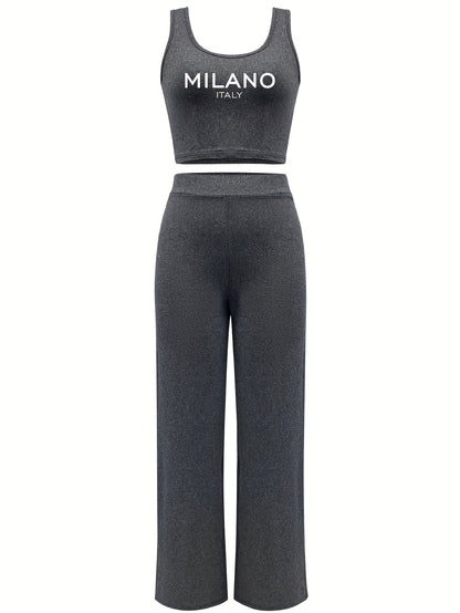Chic Letter Print Casual Outfit for Women - Sleeveless Crop Top & Drawstring Pants Set, Stretchy Polyester Blend, Machine Washable