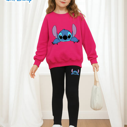 2pcs Disney Girls' Lilo & Stitch Print Sweatshirt and Leggings Set - Soft Stretchy Crewneck Outfit with Cartoon Character Design, All-Season Machine Washable Casual Wear for Ages 5-12, Everyday 's Clothing, Playtime Clothes,
