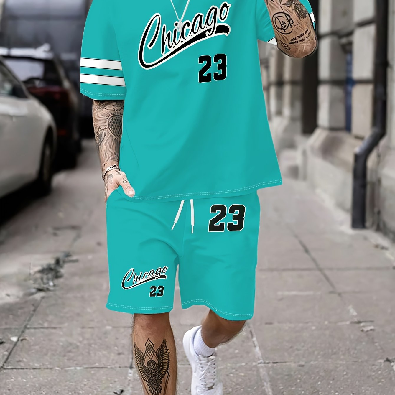 Summer Men's T-Shirt Set with Unique Digital Line Letter Print and Baseball Element Shorts Two-Piece Outfit
