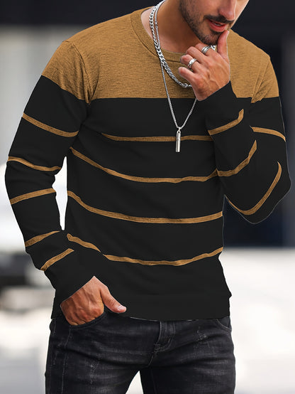 Men's Casual Striped Knit Pullover Sweater - Navy & White Contrast, Regular Fit H-Silhouette, Long Sleeve Crew Neck, Medium Stretch, Machine Washable for Spring & Fall, Mediumstretch Fabric