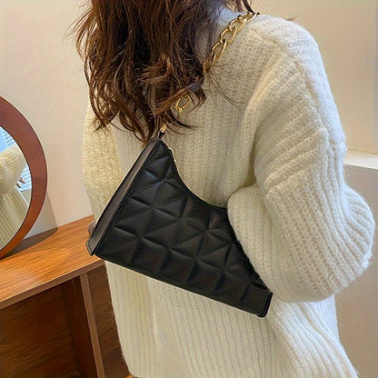 Women's Lightweight Shoulder Bag - Glossy Black Handbag with Golden Chain Strap, Zip Closure, Elegant Everyday & Formal Purse for Women, Parties, Travel, Office - Luxury Chain Strap & Zipper Closure, Party Accessory, Modern S