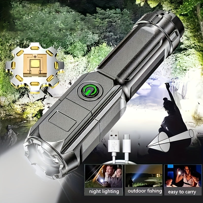 1pc Portable Super Bright Zoomable Flashlight, Rechargeable Long Shot ABS Strong Light Dimming Flashlight, Telescopic Zoom Torch For Outdoor ABS Material