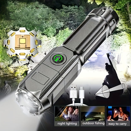 1pc Portable Super Bright Zoomable Flashlight, Rechargeable Long Shot ABS Strong Light Dimming Flashlight, Telescopic Zoom Torch For Outdoor ABS Material