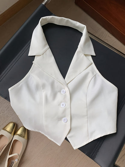 Women'S Sleeveless Button-Up Crop Top - Chic White Collarless Vest with Front Placket, Perfect for Summer, Casual or Layered Outfits, Versatile Fashion Piece | Buttonup Crop Top | Elegant Design, Sleeveless Tops