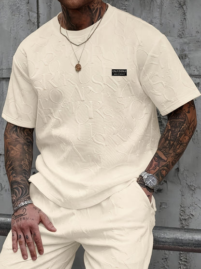 Men's Summer Casual Short Sleeve T-Shirt - Relaxed Fit Round Neck with Vertical Letter Print & Elastic Cuffs, Breathable Fabric for Daily Wear, Commuting & Outdoor Activities, Shirts for Summer