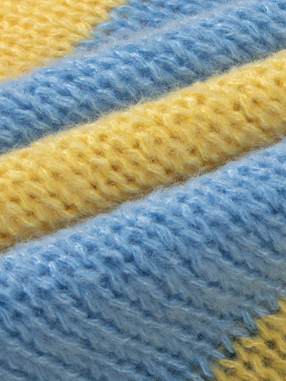 Unisex Streetwear Loose Fit Striped Knit Sweater - Long Sleeve Round Neck All-Season Casual Pullover with Yellow & Blue Horizontal Stripes, Hand Wash Only