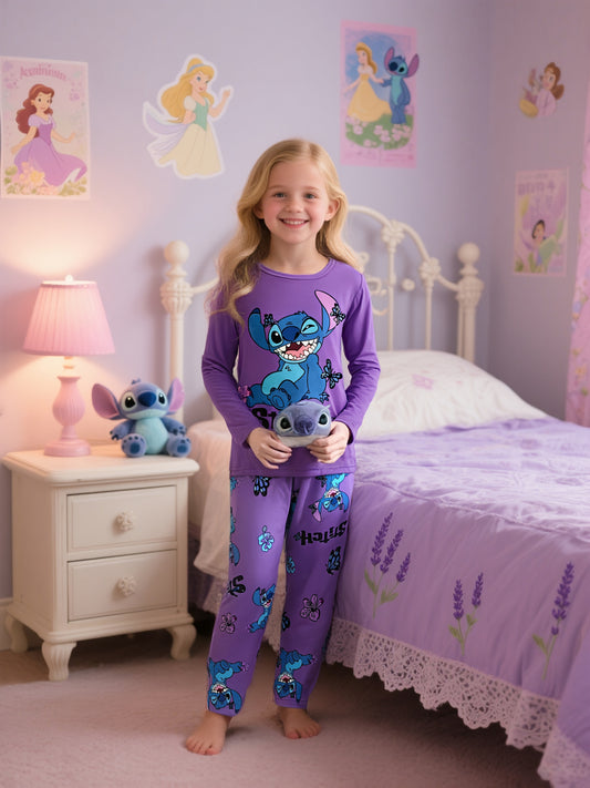 Little 's Fireproof Disney Stitch Long-Sleeve T-Shirt + Random Print Stitch Butterfly Pants Set - Soft, Comfortable Casual Loungewear for Autumn/Winter Holidays, Holiday Pajamas, Home Comfort Wear, Playful Fashion, Soft Fabri