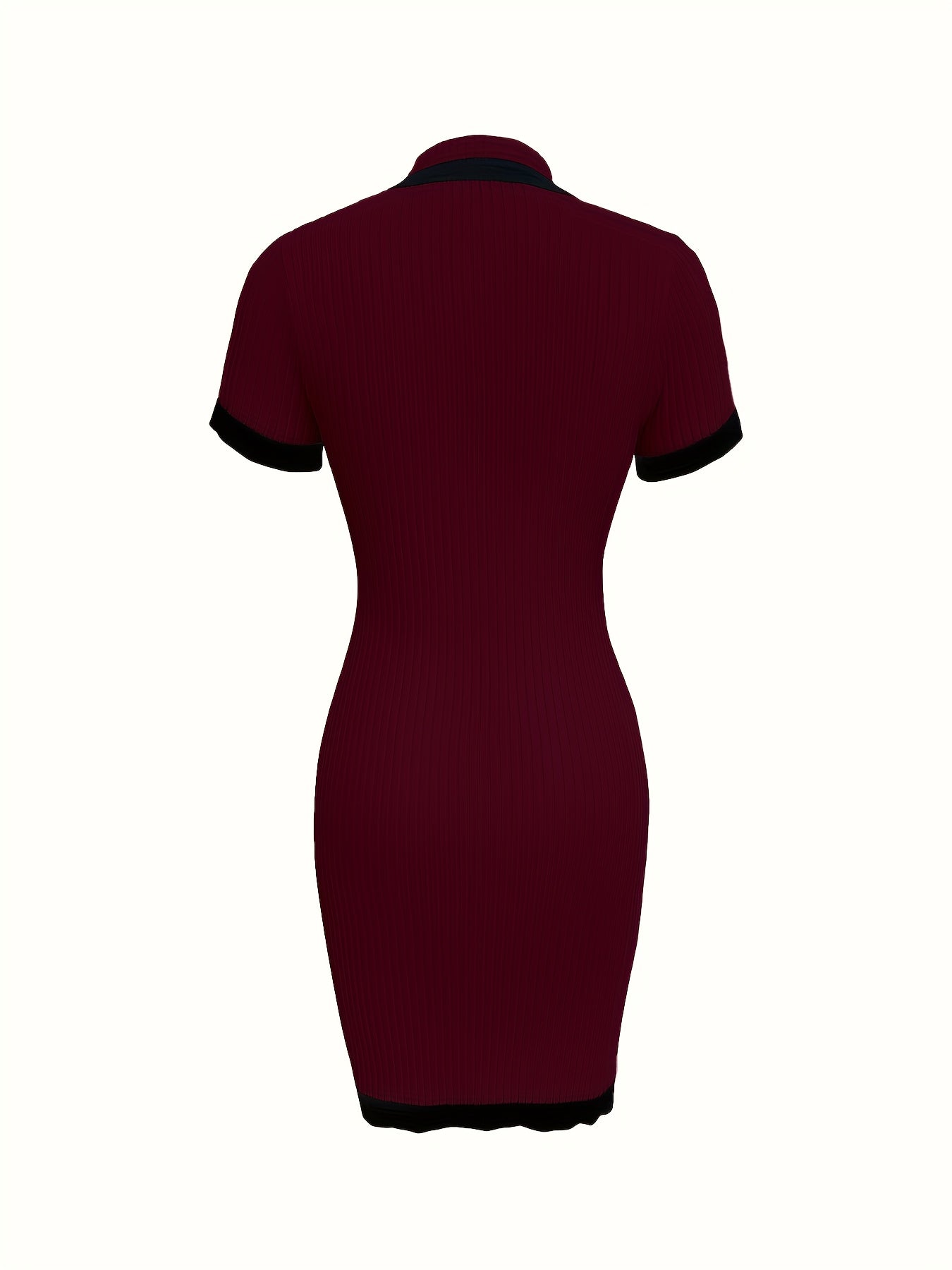 Elegant Ribbed Contrast Trim Bodycon Dress - Stand Collar, Pencil Style, Color Block Detail, Black with White Accents, Stylish Evening Attire, Evening Dress|Stylish Stand Collar|Ribbed Texture