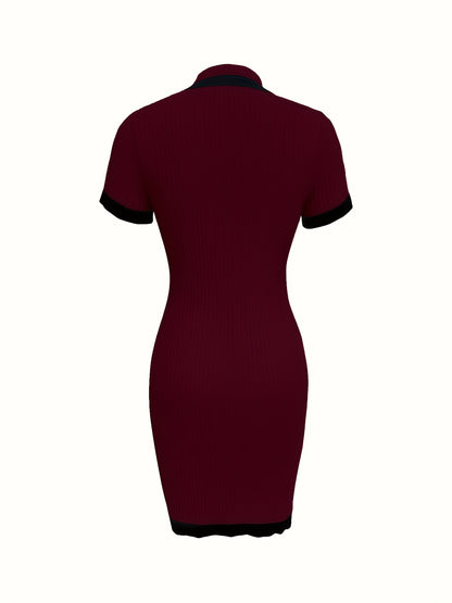 Elegant Ribbed Contrast Trim Bodycon Dress - Stand Collar, Pencil Style, Color Block Detail, Black with White Accents, Stylish Evening Attire, Evening Dress|Stylish Stand Collar|Ribbed Texture