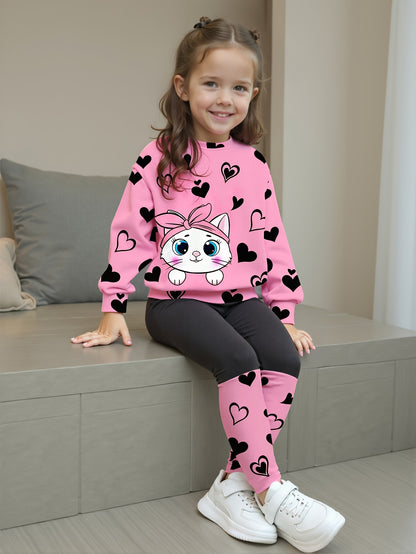 Girls' Spring/Autumn Heart Print Round Neck T-Shirt + Casual Patchwork Pants Cute Cat Pattern Two-Piece Set