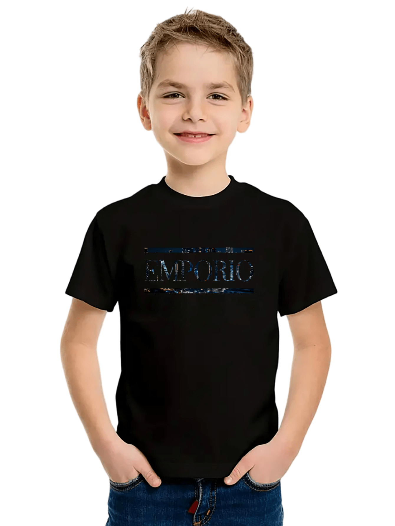 Boys' Casual Short Sleeve T-Shirt with Elegant "EMPORIO" Letter Print - Soft Breathable Round Neck Tee, Medium Stretch, Regular Fit for Summer Daily Wear & Weekend Outings, Boy T Shirt, Everyday Kids Clothing, Classic Round N