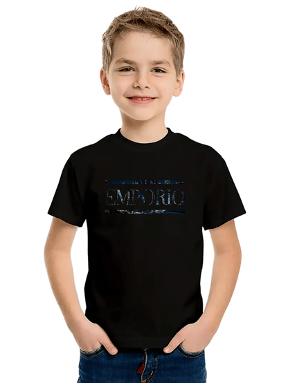 Boys' Casual Short Sleeve T-Shirt with Elegant "EMPORIO" Letter Print - Soft Breathable Round Neck Tee, Medium Stretch, Regular Fit for Summer Daily Wear & Weekend Outings, Boy T Shirt, Everyday Kids Clothing, Classic Round N