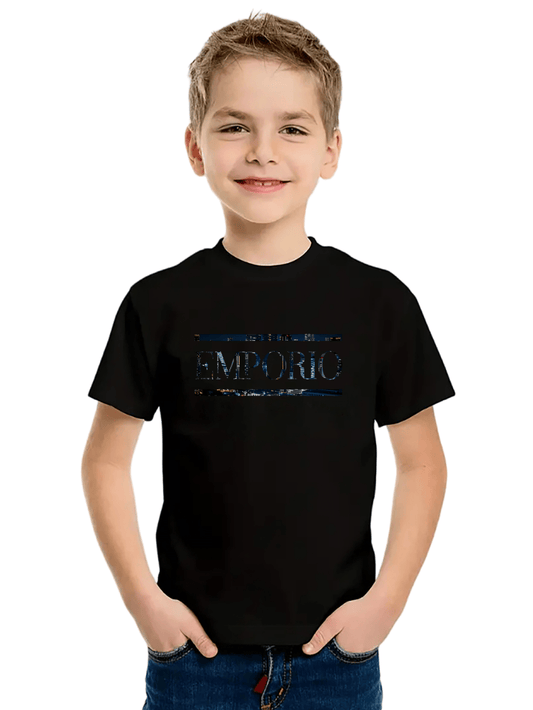Boys' Casual Short Sleeve T-Shirt with Elegant "EMPORIO" Letter Print - Soft Breathable Round Neck Tee, Medium Stretch, Regular Fit for Summer Daily Wear & Weekend Outings, Boy T Shirt, Everyday Kids Clothing, Classic Round N