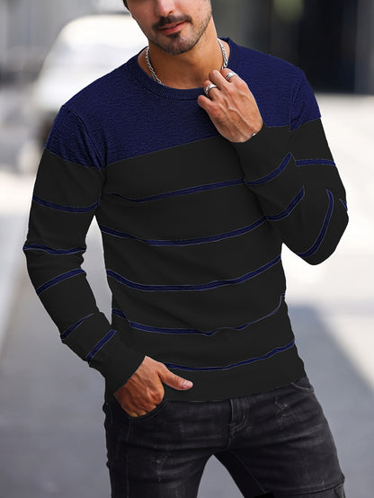 Men's Casual Striped Knit Pullover Sweater - Navy & White Contrast, Regular Fit H-Silhouette, Long Sleeve Crew Neck, Medium Stretch, Machine Washable for Spring & Fall, Mediumstretch Fabric
