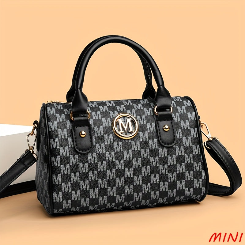 Perfect Lily Women'S Mini Shoulder Bag with Golden "M" Monogram - Elegant Houndstooth Design, Detachable Strap, Lightweight Synthetic Faux Leather Purse for Work, Travel, Parties & Gifts (White/Black/Brown), Small Crossbody B