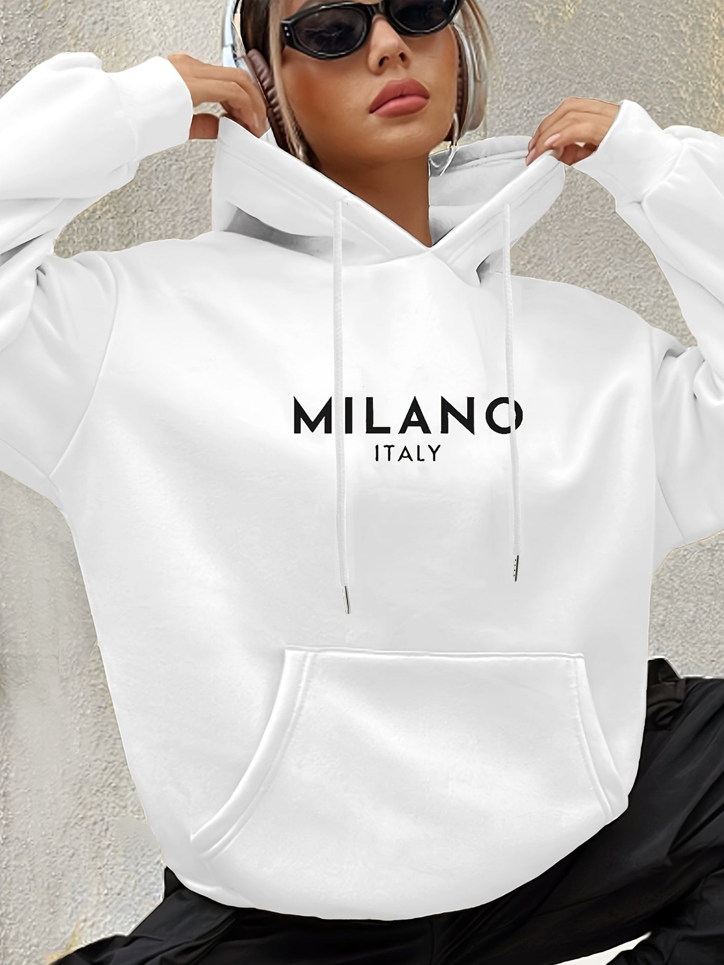 Milano Italy Polyester Hoodie for Women - 100% Knit Fabric, Alphabet Print, Casual Long Sleeve Sweatshirt with Pocket, Fashionable European Trip Inspired Hooded Sweatshirt, Spring/Summer/Fall Collection