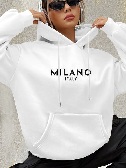 Milano Italy Polyester Hoodie for Women - 100% Knit Fabric, Alphabet Print, Casual Long Sleeve Sweatshirt with Pocket, Fashionable European Trip Inspired Hooded Sweatshirt, Spring/Summer/Fall Collection