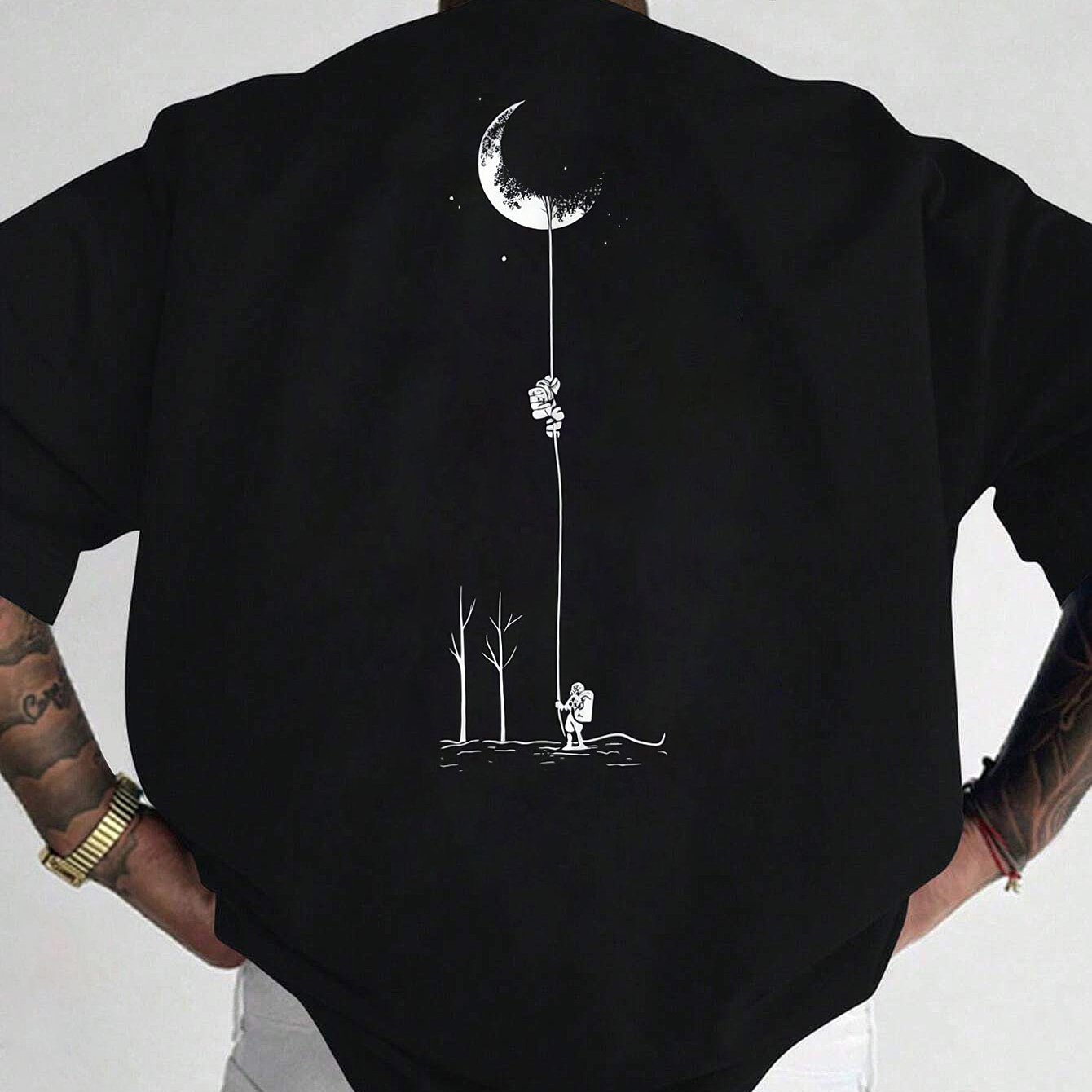 Men's Graphic Print Short Sleeve T-Shirt - Black Relaxed Fit Casual Round Neck, Durable Polyester Fabric, Machine Washable Summer Outdoor Top, Moon And Trees Design | Lightweight Clothing