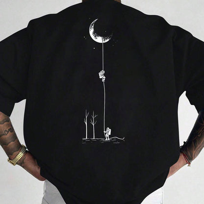 Men's Graphic Print Short Sleeve T-Shirt - Black Relaxed Fit Casual Round Neck, Durable Polyester Fabric, Machine Washable Summer Outdoor Top, Moon And Trees Design | Lightweight Clothing