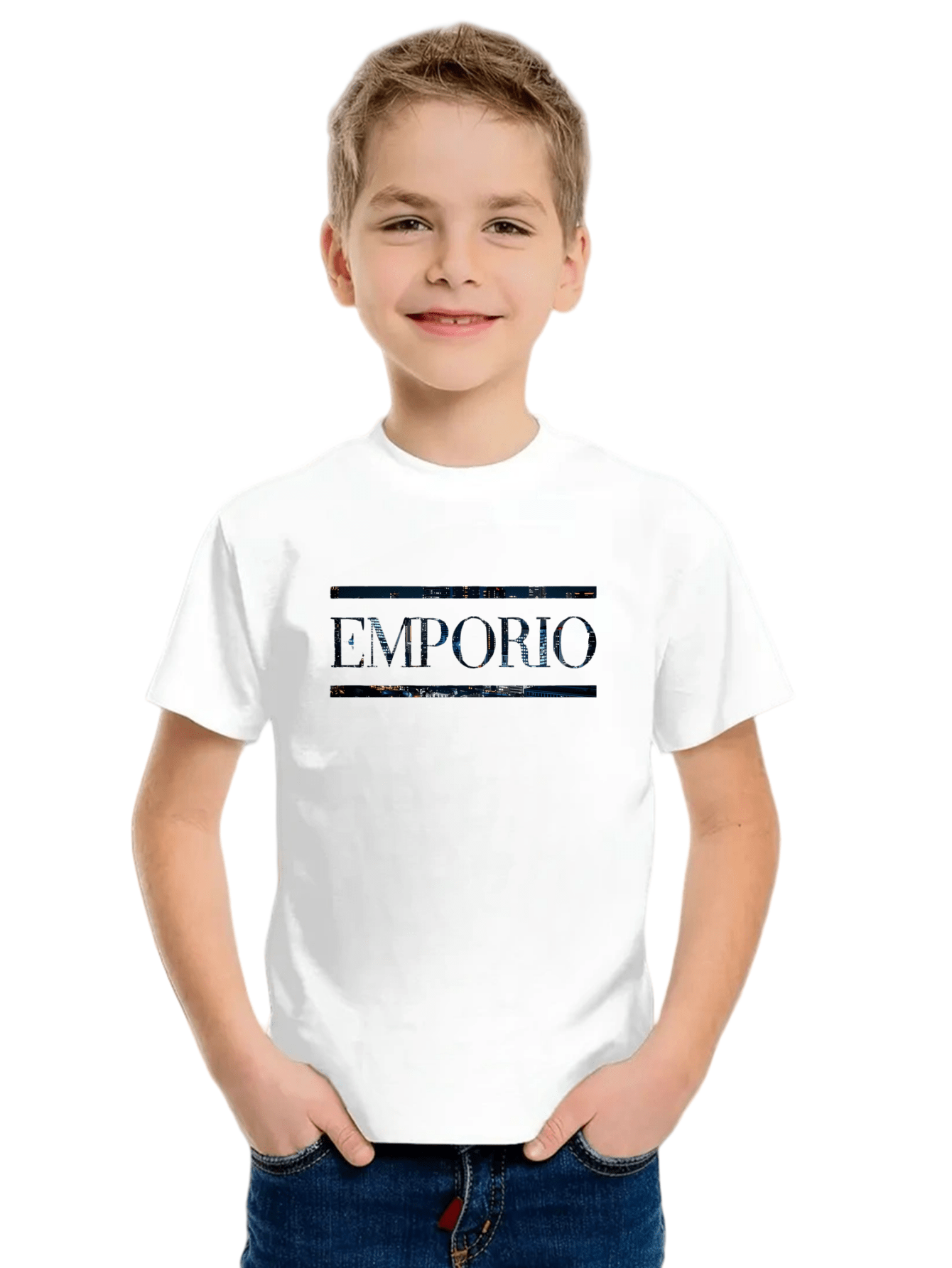 Boys' Casual Short Sleeve T-Shirt with Elegant "EMPORIO" Letter Print - Soft Breathable Round Neck Tee, Medium Stretch, Regular Fit for Summer Daily Wear & Weekend Outings, Boy T Shirt, Everyday Kids Clothing, Classic Round N