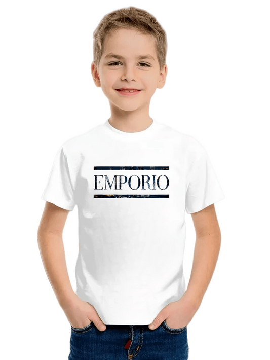 Boys' Casual Short Sleeve T-Shirt with Elegant "EMPORIO" Letter Print - Soft Breathable Round Neck Tee, Medium Stretch, Regular Fit for Summer Daily Wear & Weekend Outings, Boy T Shirt, Everyday Kids Clothing, Classic Round N