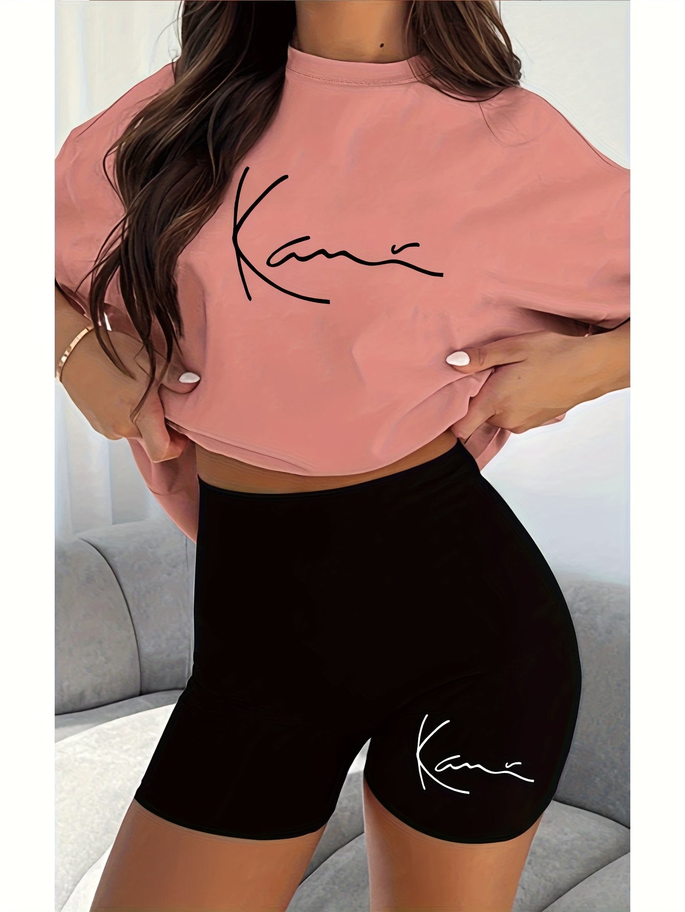 New fashionable casual creative pattern printed Women's fashion set, spring and summer new fashionable casual round neck T-shirt&sports shorts two-piece set