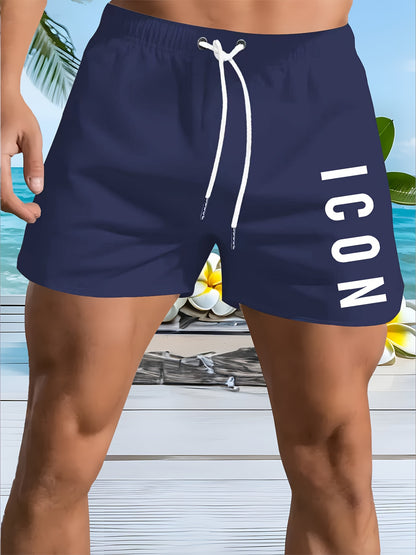 Men'S Quick-Dry Beach Shorts - Breathable, Sun-Protective Lightweight Running & Hiking Shorts with "ICON" Geometric Print, Elastic Waistband, Side Pockets, Casual Outdoor Activewear, Beach Shorts
