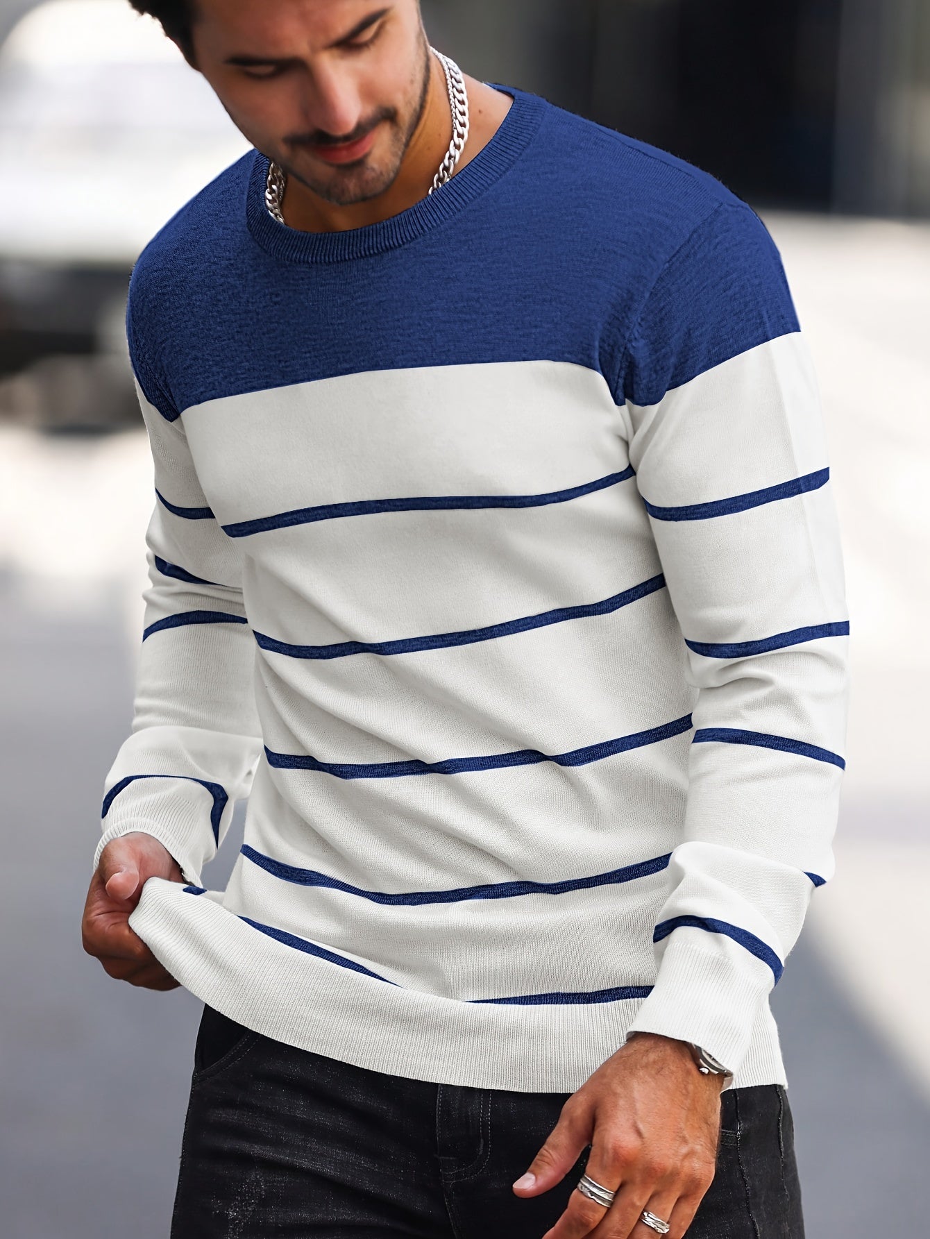 Men's Casual Striped Knit Pullover Sweater - Navy & White Contrast, Regular Fit H-Silhouette, Long Sleeve Crew Neck, Medium Stretch, Machine Washable for Spring & Fall, Mediumstretch Fabric