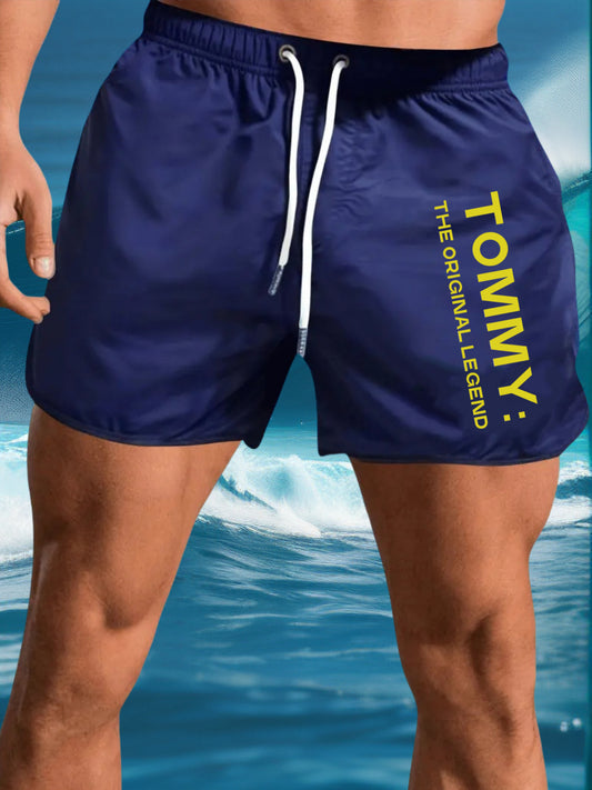 2025 Men'S Lightweight Quick-Dry Swim Trunks with Bold "Tommy" Letter Print - Breathable Moisture-Wicking Fabric, Adjustable Drawstring Waist, Loose Fit with Pockets for Beach, Pool & Outdoor Activities (Multiple Colors), Bat