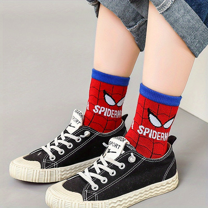 5 Pairs of Marvel Cartoon Character Spider Socks "Swing Into Action! Spider-Hero Kids Socks - Web-Slinging Fun for Little Heroes!" Youngsters' Mid-Calf Socks