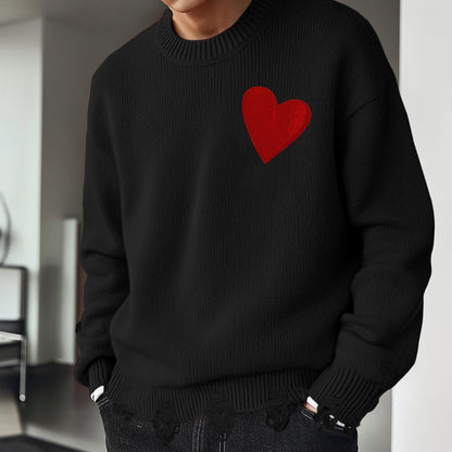 Cozy Men'S Red Heart Knit Sweater - Warm, Comfortable Loose Fit Pullover for Fall/Winter, Casual Crew Neck, Medium Stretch, Viscose Material