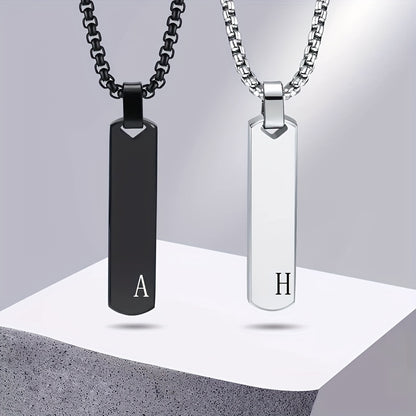Letter Necklace Pendant Made of Stainless Steel, Featuring a Laser-Etched Design of 26 Letters, Polished for a Stylish 3D Rectangular Look, Suitable for Men.