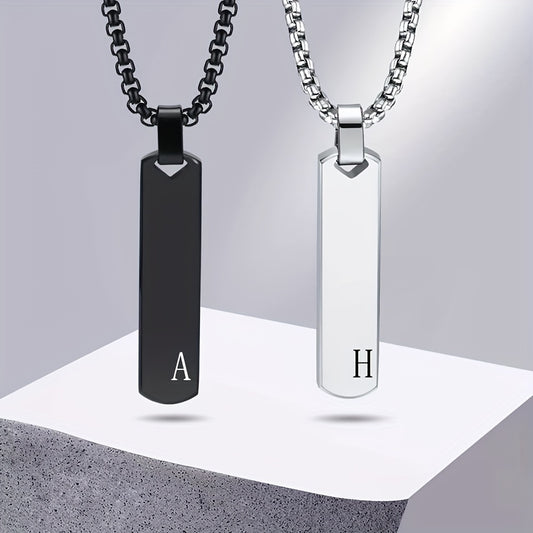 Letter Necklace Pendant Made of Stainless Steel, Featuring a Laser-Etched Design of 26 Letters, Polished for a Stylish 3D Rectangular Look, Suitable for Men.