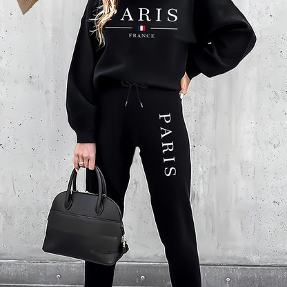 Targeted Autumn and Winter Fashion Print Two-Piece Set, Casual Long-Sleeve Fleece Pullover and Drawstring Jogger Pants Outfit for Women