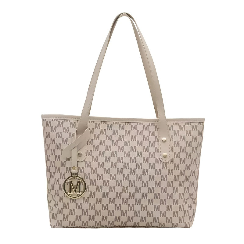 2025 Women's Designer-Inspired Large Tote Bag - Geometric Synthetic Leather Handbag with Detachable Golden Chain Strap & 'M' Monogram Accent, Lightweight Work Purse for Office, School, Shopping - Coffee Brown, Beige, Black -