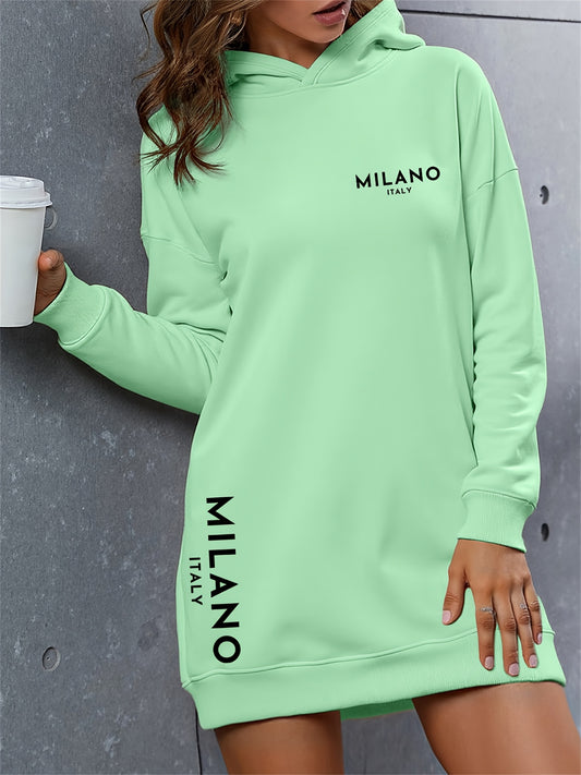 Milano Women'S Casual Hooded Sweatshirt Dress - Long Sleeve, Loose Fit, Thickened Letter Print Pullover with Round Neck, Perfect for Fall/Winter Fashion, Casual Wear Dress | Trendy Casual Style | Comfortable Wear