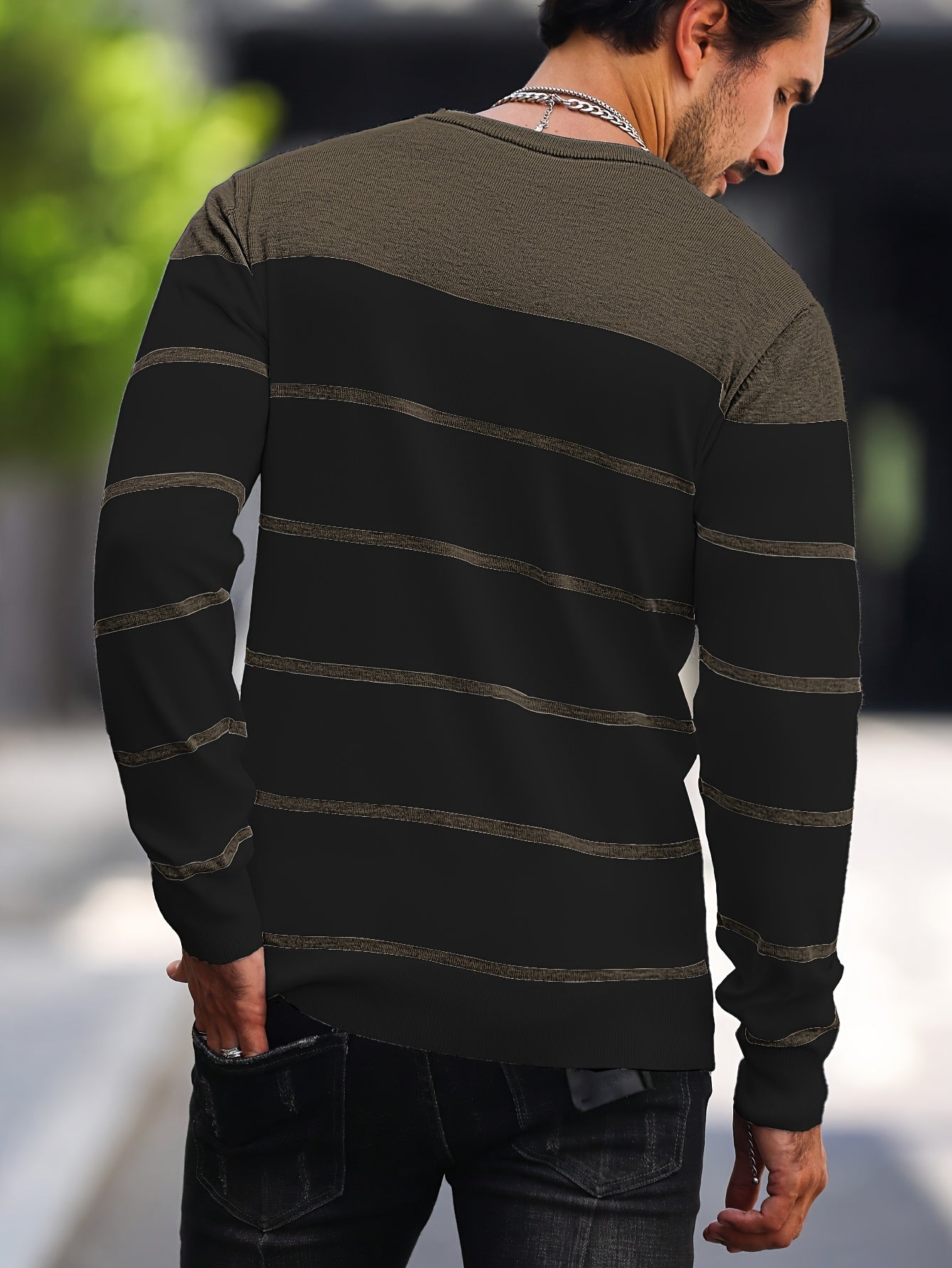 Men's Casual Striped Knit Pullover Sweater - Navy & White Contrast, Regular Fit H-Silhouette, Long Sleeve Crew Neck, Medium Stretch, Machine Washable for Spring & Fall, Mediumstretch Fabric