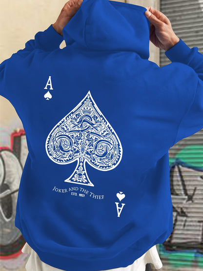 Men's Casual Pullover Hoodie with Geometric Spade Print, Polyester, Regular Fit, Knit Fabric, Pocket Detail, Sports Sweatshirt