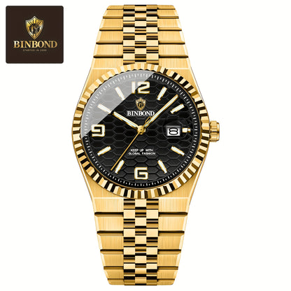 BINBOND Men's Sporty Elegant Quartz Watch with Date Display, Luminous Hands & Two-Tone Golden & Black Stainless Steel Band - High Quality Business Casual Watch for Everyday & Formal Wear, Versatile Wristwatch, Sophisticated D