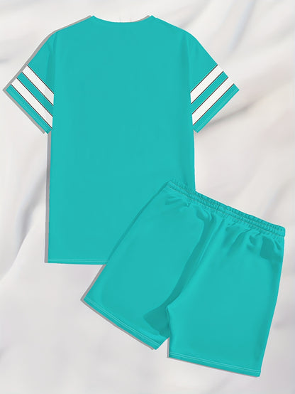 Summer Men's T-Shirt Set with Unique Digital Line Letter Print and Baseball Element Shorts Two-Piece Outfit