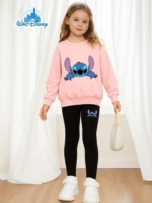 2pcs Disney Girls' Lilo & Stitch Print Sweatshirt and Leggings Set - Soft Stretchy Crewneck Outfit with Cartoon Character Design, All-Season Machine Washable Casual Wear for Ages 5-12, Everyday 's Clothing, Playtime Clothes,