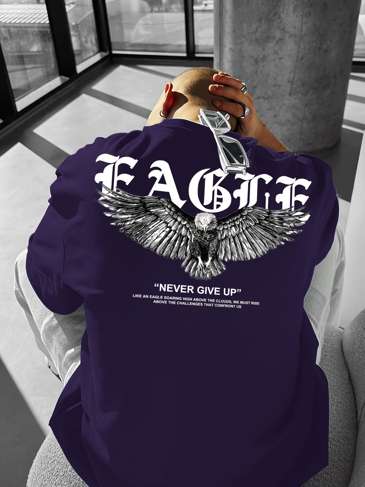 Men's "Never Give Up" Graphic Print Casual T-Shirt - Comfortable Crew Neck, Short Sleeve, Loose Fit for Spring & Summer, White Polyester Tee for Casual Attire, Casual Summer Wear | Loose Fit Top | Smooth Texture