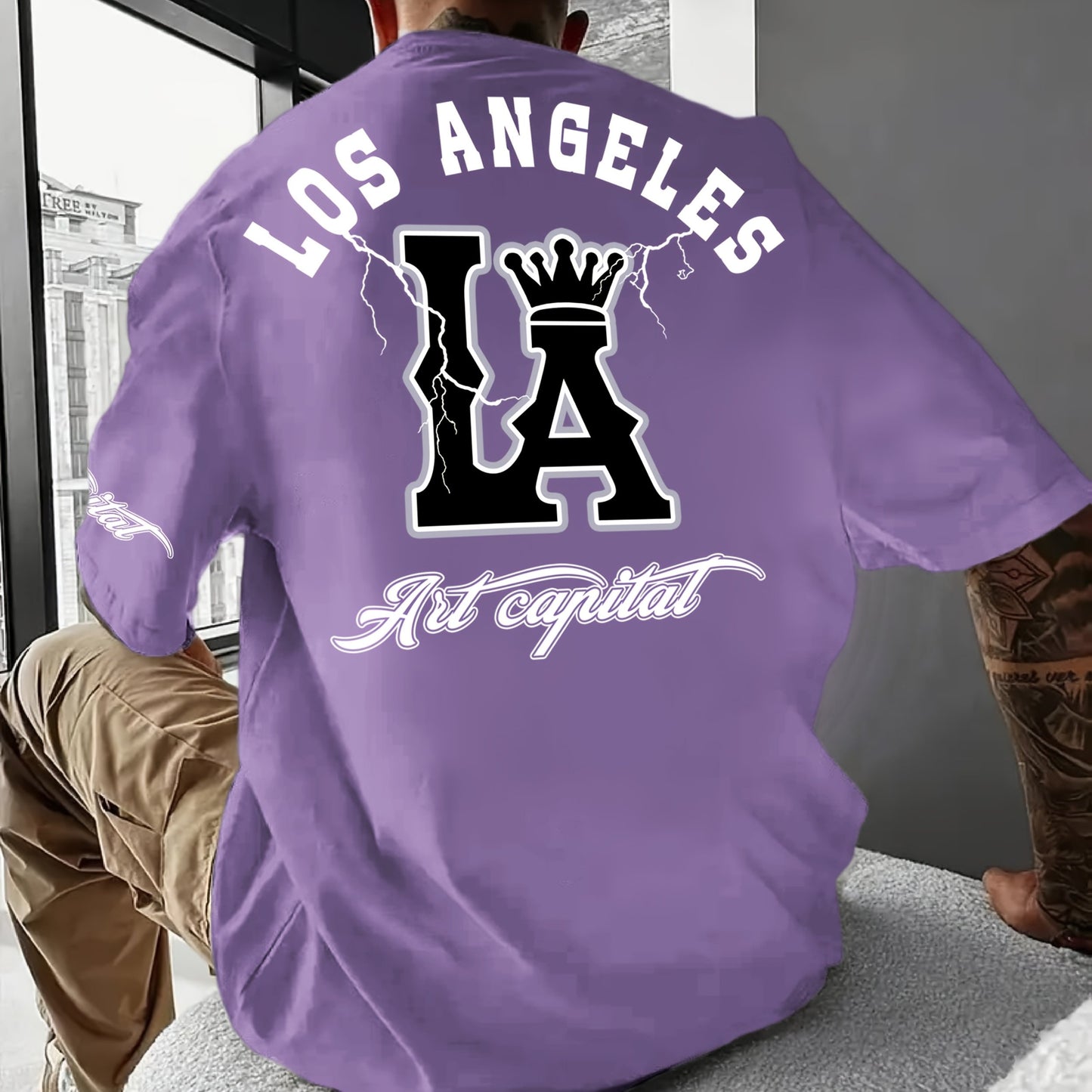 Men's Casual LA Graphic T-Shirt - Breathable Stretch Fabric, Oversized Fit with Crown & Script Lettering, Beige Summer Tee for Outdoor Activities & Casual Attire, Machine Washable, Leisure Clothing, Citythemed Apparel