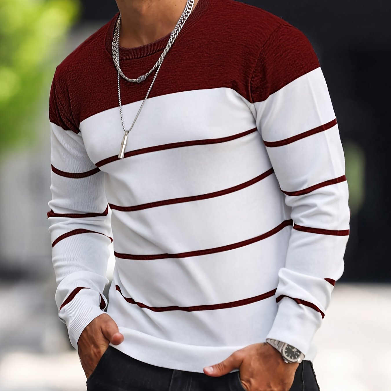 Men's Casual Striped Knit Pullover Sweater - Navy & White Contrast, Regular Fit H-Silhouette, Long Sleeve Crew Neck, Medium Stretch, Machine Washable for Spring & Fall, Mediumstretch Fabric