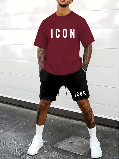 Men'S Casual Sporty Outdoor Two-Piece Set - Summer T-Shirt & Shorts with Bold "ICON" Print, Geometric Pattern, Regular Fit, Crew Neck, Light Blue & Black, Comfortable for Casual Attire, Leisure Clothing | Bold Print Shirt | C
