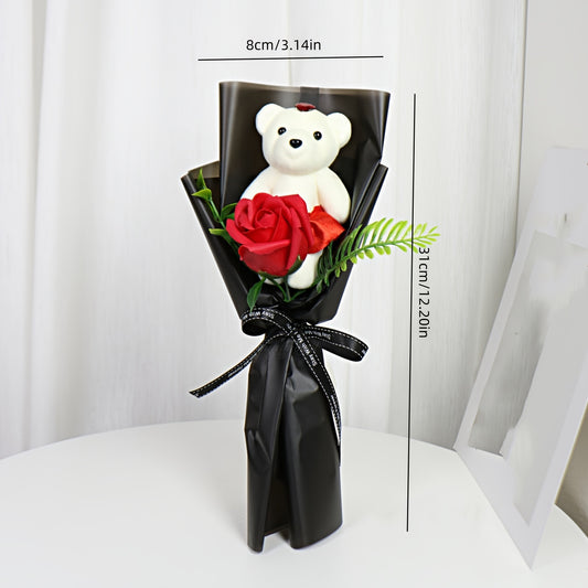 Artificial Red Rose Bouquet with Teddy Bear - Plastic Everlasting Floral Arrangement for Home Decor, Ideal Gift for Christmas, Valentine's Day, Mother's Day, Easter, Thanksgiving - No Container, Battery-Free, Electricity-Free
